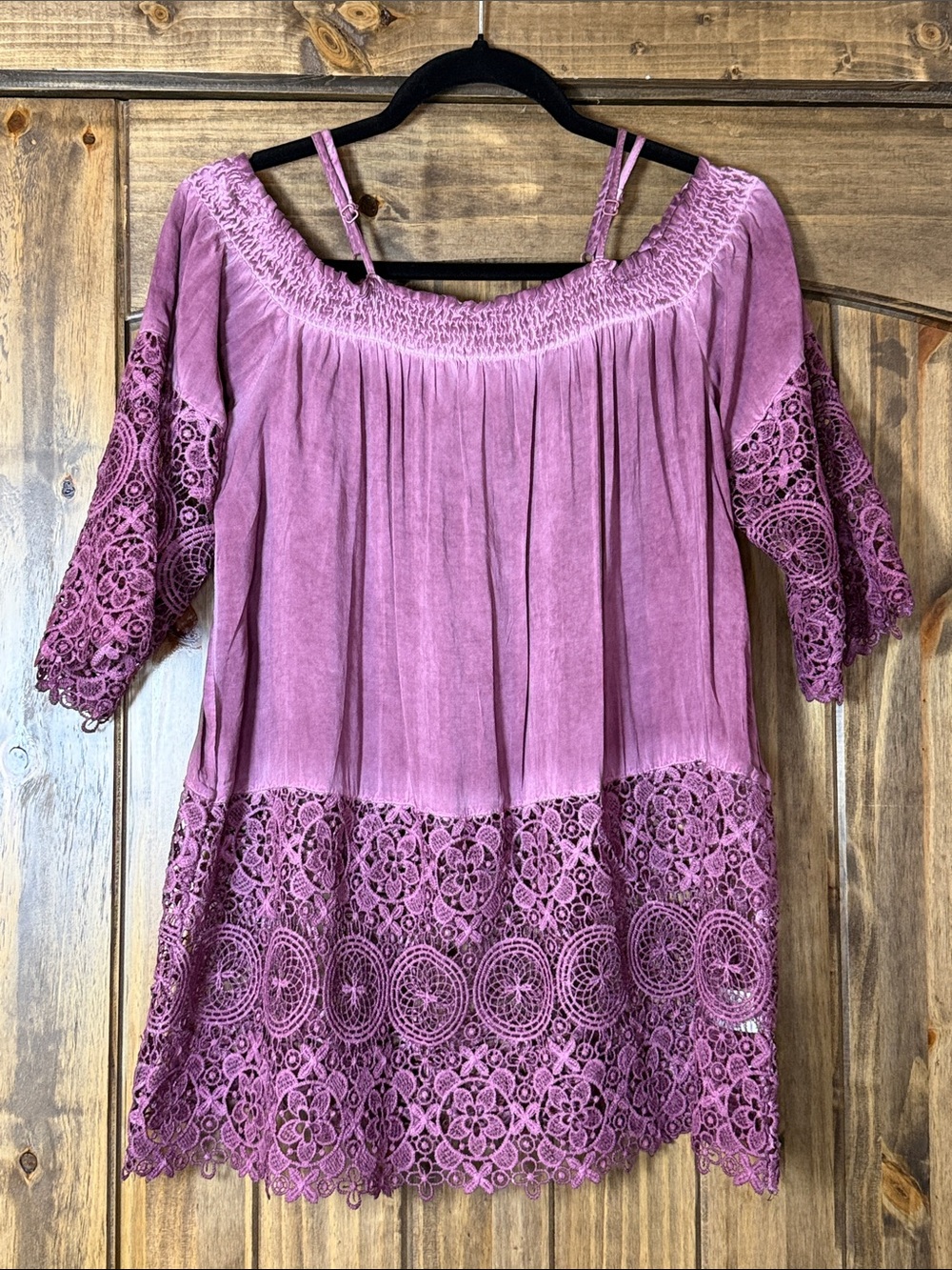 Plum Off-Shoulder Lace Trim Peasant Blouse